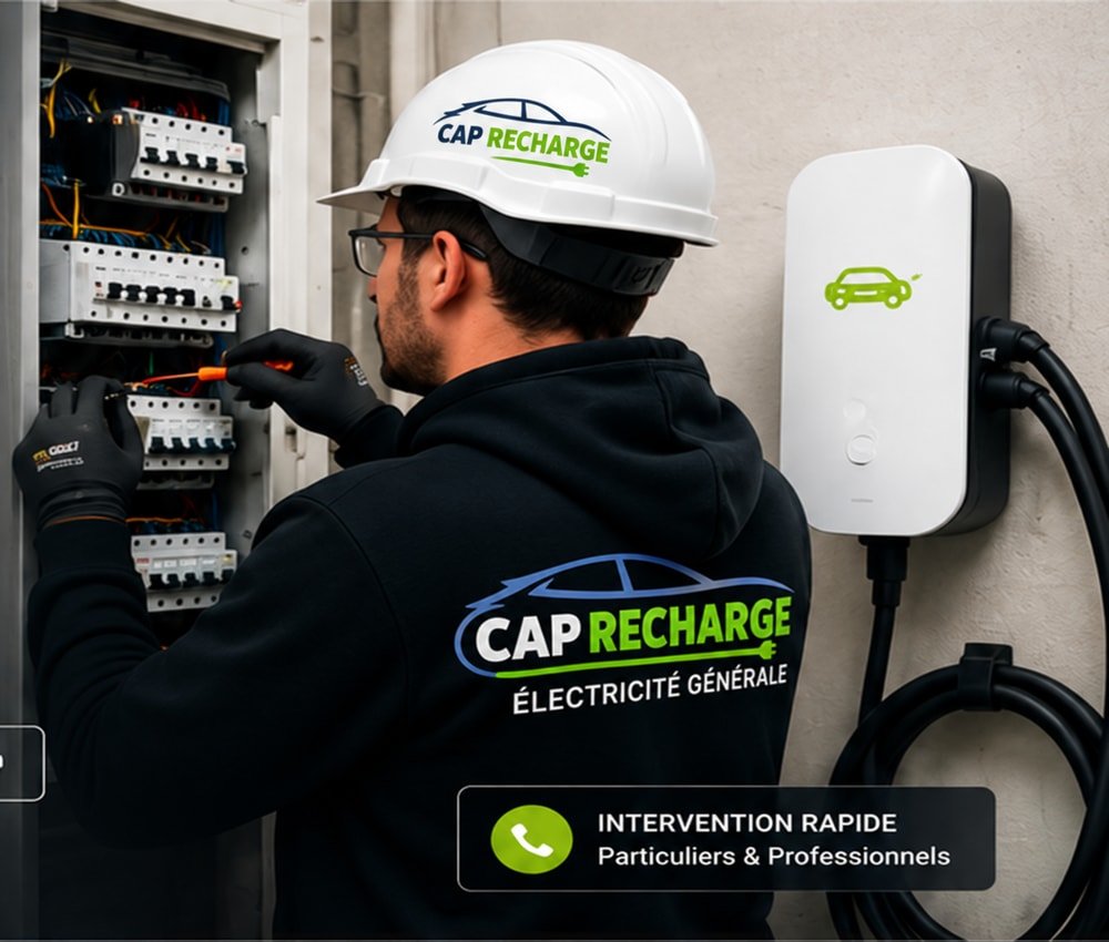 Électricien CAP RECHARGE intervenant sur un tableau électrique à proximité d’une borne de recharge